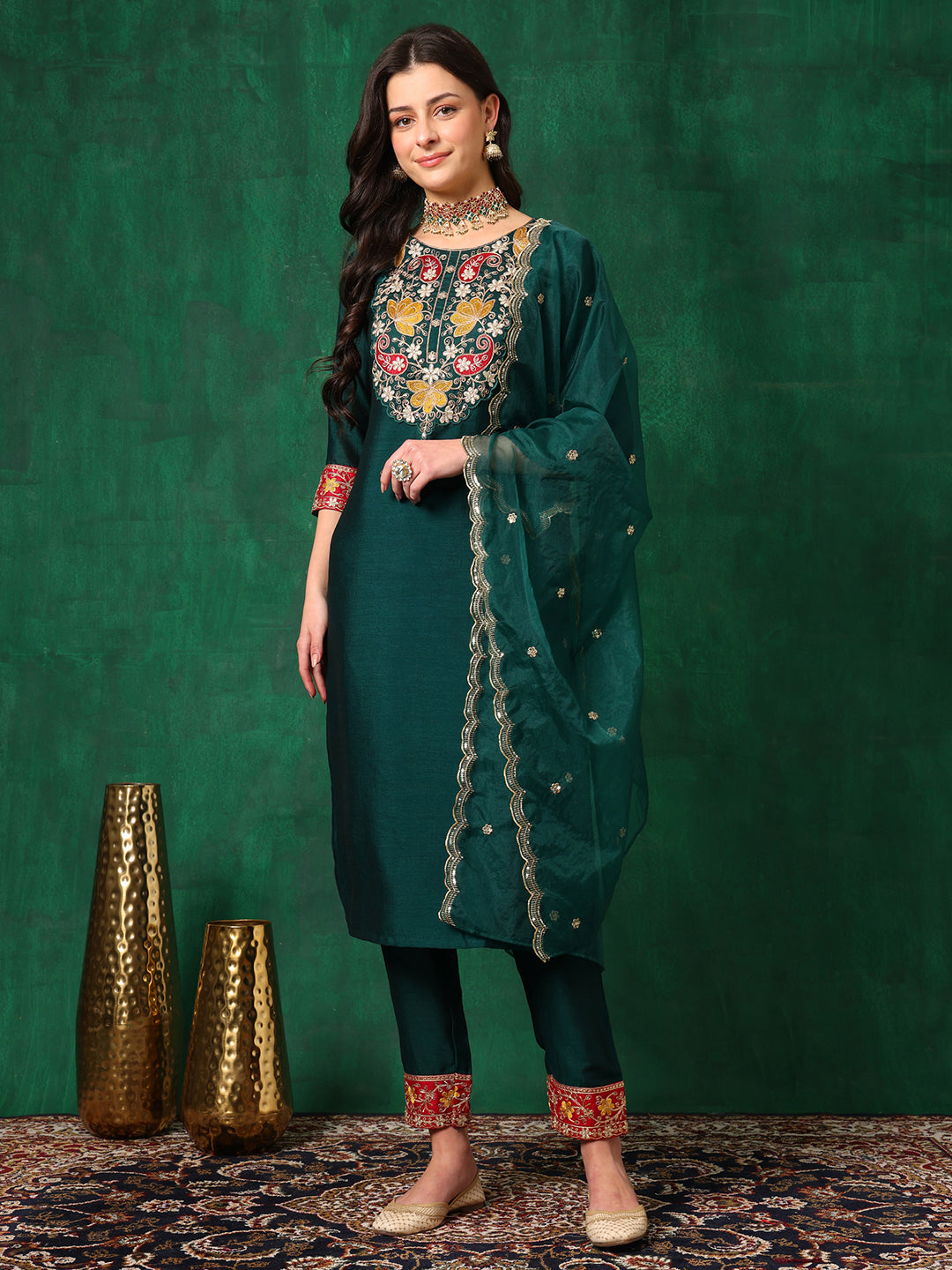 Embroidered Kurta With Pant & Embroidered Dupatta, Bottle-Green - Hiral Fashion | Grocsy