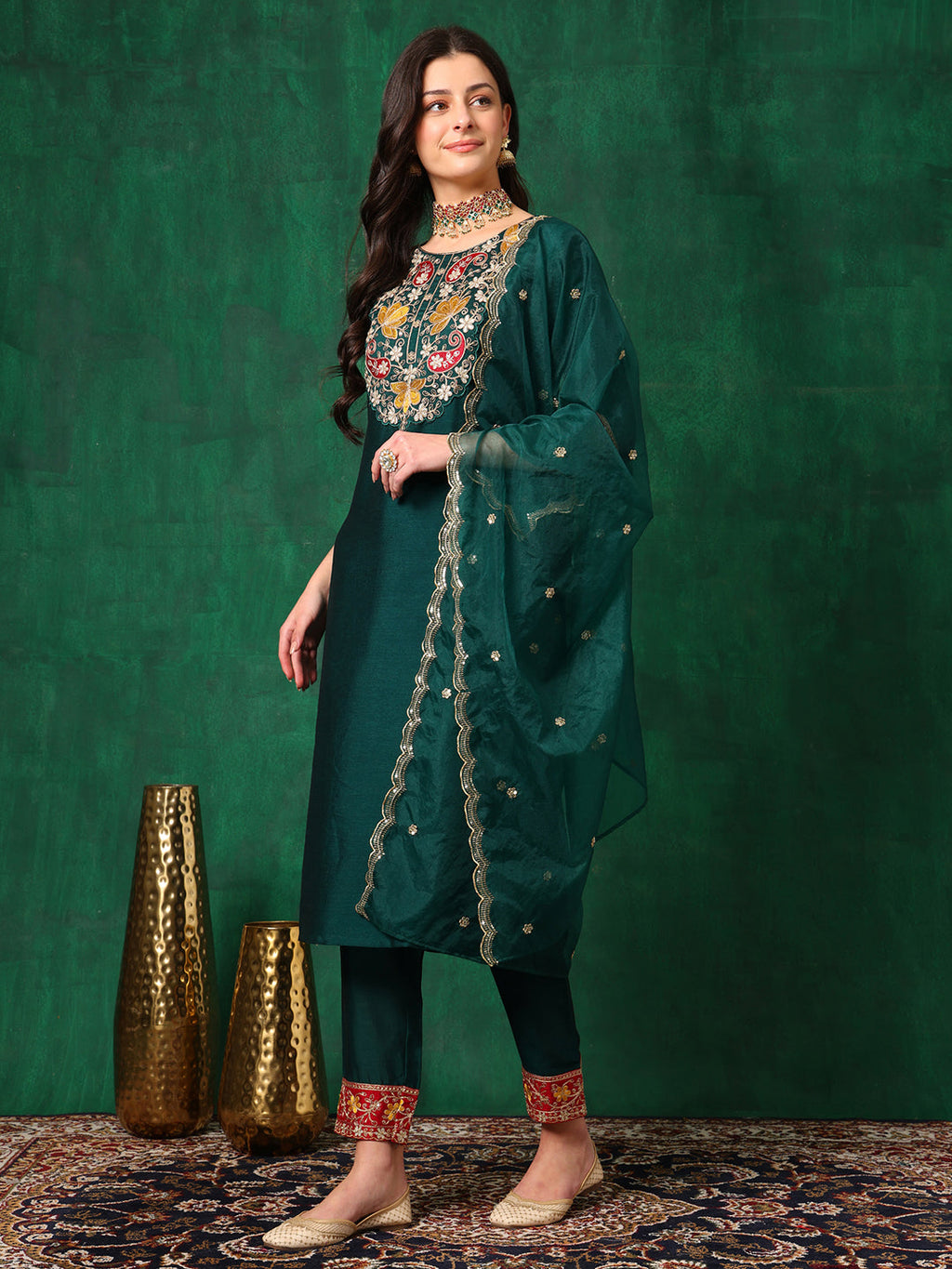 Embroidered Kurta With Pant & Embroidered Dupatta, Bottle-Green - Hiral Fashion | Grocsy