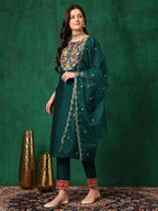 Embroidered Kurta With Pant & Embroidered Dupatta, Bottle-Green - Hiral Fashion | Grocsy