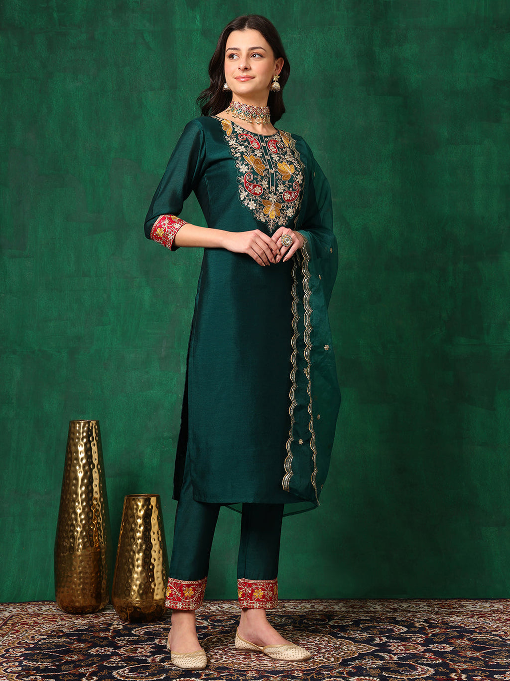 Embroidered Kurta With Pant & Embroidered Dupatta, Bottle-Green - Hiral Fashion | Grocsy