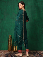 Embroidered Kurta With Pant & Embroidered Dupatta, Bottle-Green - Hiral Fashion | Grocsy