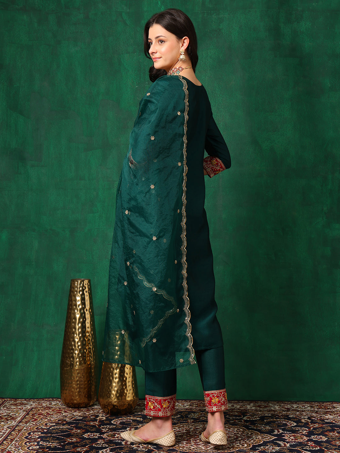 Embroidered Kurta With Pant & Embroidered Dupatta, Bottle-Green - Hiral Fashion | Grocsy