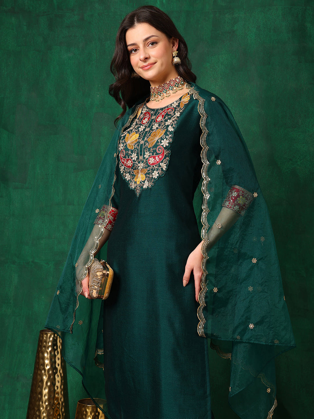 Embroidered Kurta With Pant & Embroidered Dupatta, Bottle-Green - Hiral Fashion | Grocsy