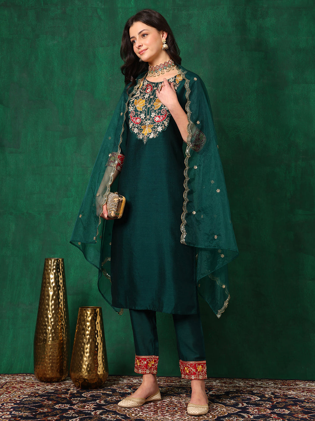 Embroidered Kurta With Pant & Embroidered Dupatta, Bottle-Green - Hiral Fashion | Grocsy