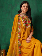 Aline Embroidered Kurta With Pant & Embroidered Dupatta, Mustard - Hiral Fashion | Grocsy