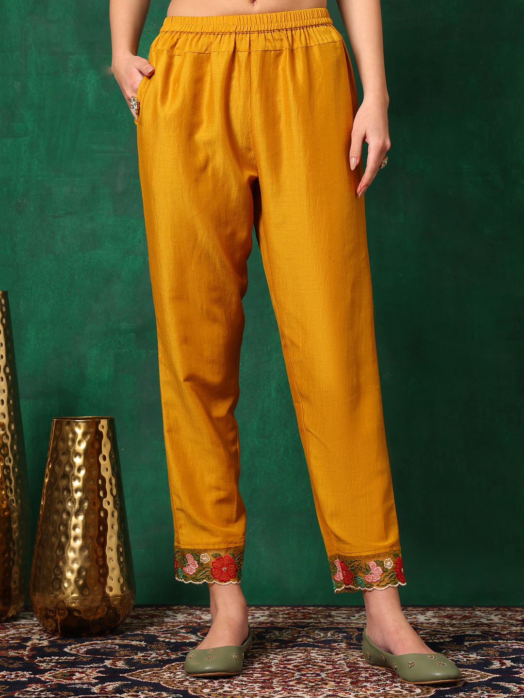 Aline Embroidered Kurta With Pant & Embroidered Dupatta, Mustard - Hiral Fashion | Grocsy