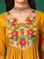 Aline Embroidered Kurta With Pant & Embroidered Dupatta, Mustard - Hiral Fashion | Grocsy