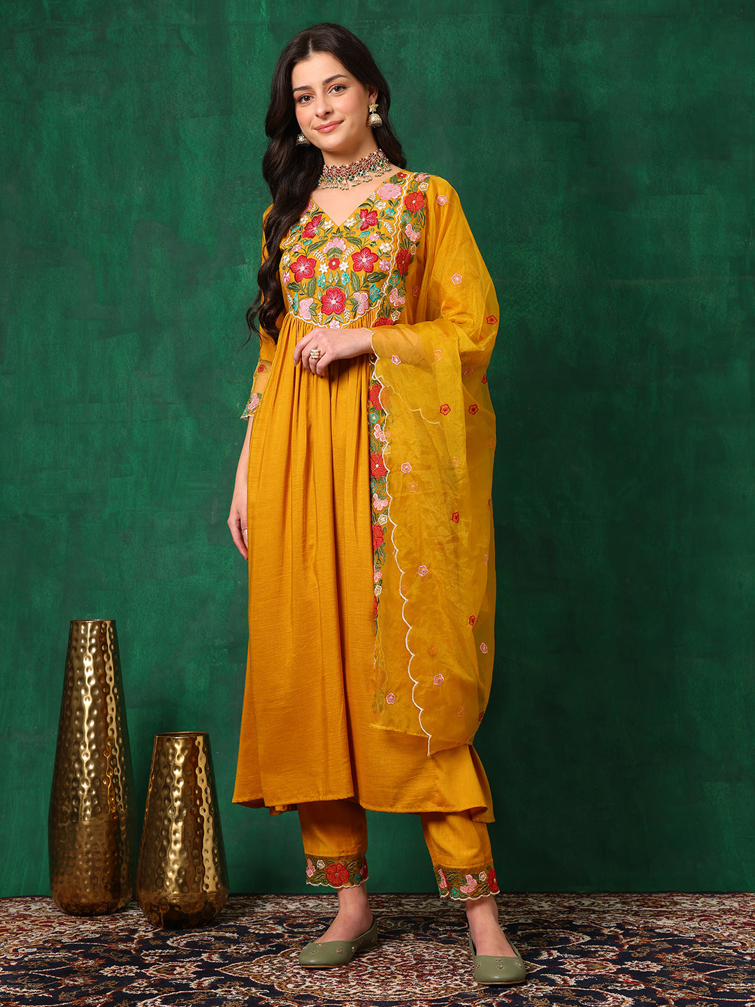 Aline Embroidered Kurta With Pant & Embroidered Dupatta, Mustard - Hiral Fashion | Grocsy