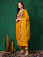 Aline Embroidered Kurta With Pant & Embroidered Dupatta, Mustard - Hiral Fashion | Grocsy