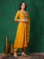Aline Embroidered Kurta With Pant & Embroidered Dupatta, Mustard - Hiral Fashion | Grocsy
