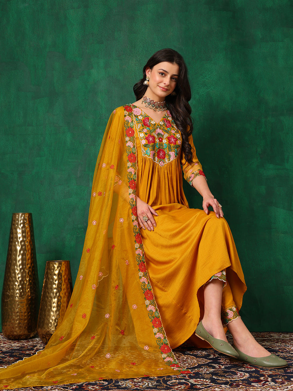 Aline Embroidered Kurta With Pant & Embroidered Dupatta, Mustard - Hiral Fashion | Grocsy