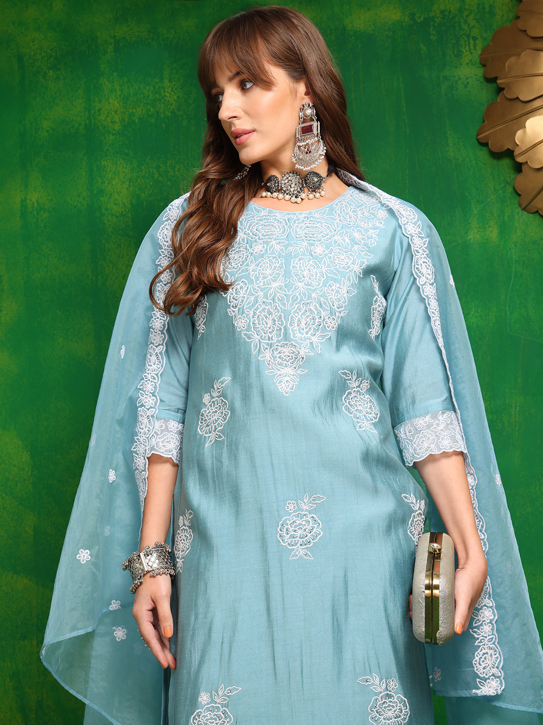 Embroidered Kurta With Pant & Dupatta, Aqua-Blue - Hiral Fashion | Grocsy