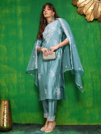 Embroidered Kurta With Pant & Dupatta, Aqua-Blue - Hiral Fashion | Grocsy