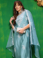 Embroidered Kurta With Pant & Dupatta, Aqua-Blue - Hiral Fashion | Grocsy