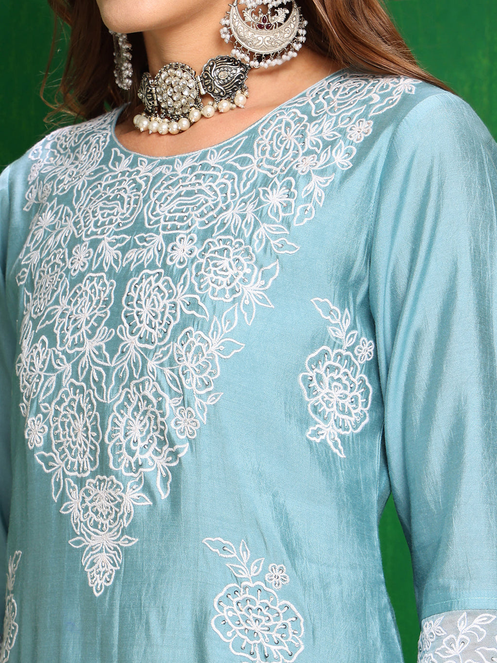 Embroidered Kurta With Pant & Dupatta, Aqua-Blue - Hiral Fashion | Grocsy