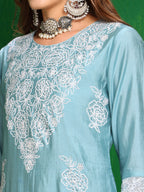 Embroidered Kurta With Pant & Dupatta, Aqua-Blue - Hiral Fashion | Grocsy