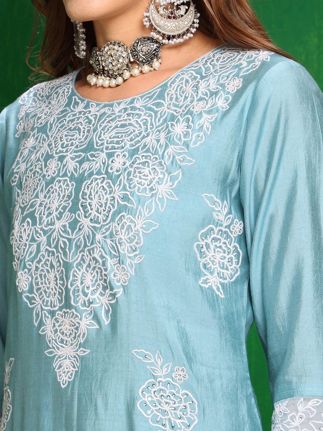 Embroidered Kurta With Pant & Dupatta, Aqua-Blue - Hiral Fashion | Grocsy