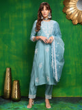 Embroidered Kurta With Pant & Dupatta, Aqua-Blue - Hiral Fashion | Grocsy