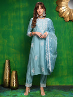 Embroidered Kurta With Pant & Dupatta, Aqua-Blue - Hiral Fashion | Grocsy