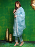 Embroidered Kurta With Pant & Dupatta, Aqua-Blue - Hiral Fashion | Grocsy