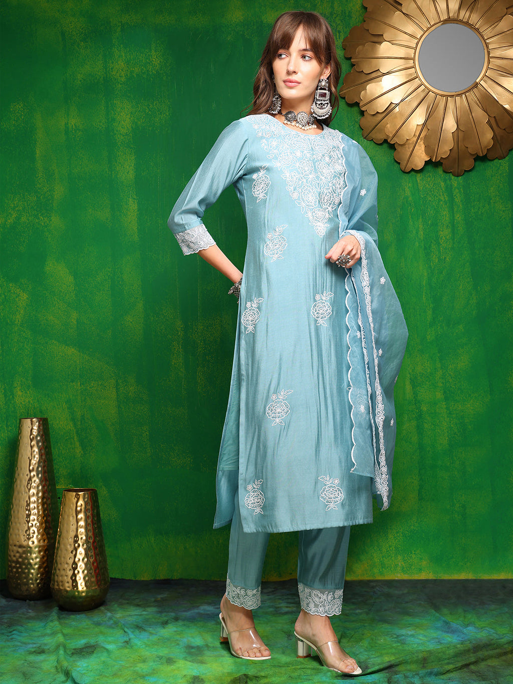 Embroidered Kurta With Pant & Dupatta, Aqua-Blue - Hiral Fashion | Grocsy