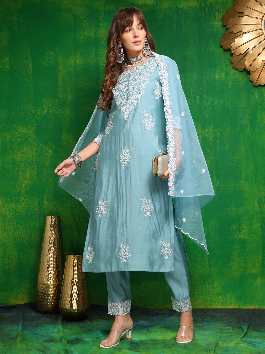 Embroidered Kurta With Pant & Dupatta, Aqua-Blue - Hiral Fashion | Grocsy