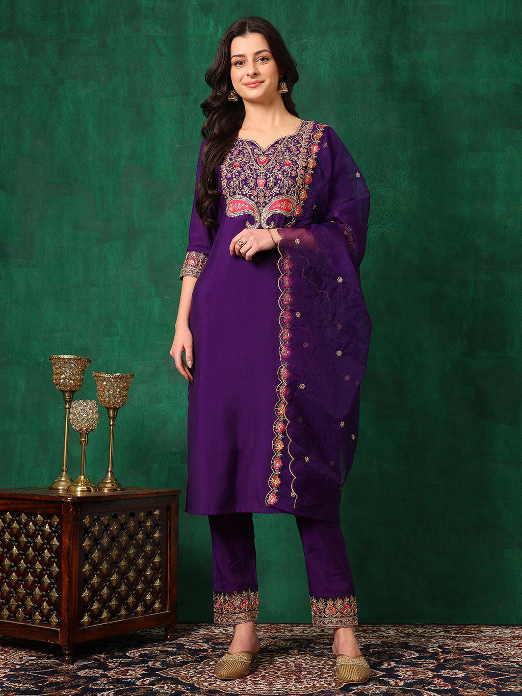 Embroidered Kurta With Pant & Embroidered Dupatta, Purple - Hiral Fashion | Grocsy