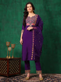 Embroidered Kurta With Pant & Embroidered Dupatta, Purple - Hiral Fashion | Grocsy