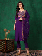 Embroidered Kurta With Pant & Embroidered Dupatta, Purple - Hiral Fashion | Grocsy