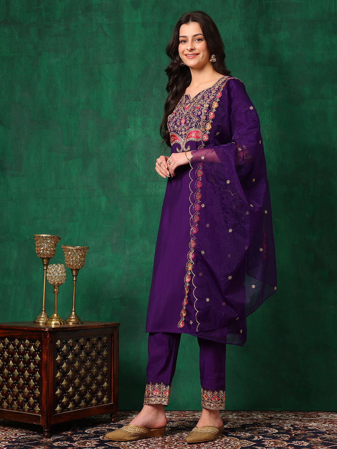 Embroidered Kurta With Pant & Embroidered Dupatta, Purple - Hiral Fashion | Grocsy