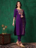 Embroidered Kurta With Pant & Embroidered Dupatta, Purple - Hiral Fashion | Grocsy