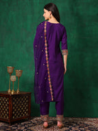 Embroidered Kurta With Pant & Embroidered Dupatta, Purple - Hiral Fashion | Grocsy