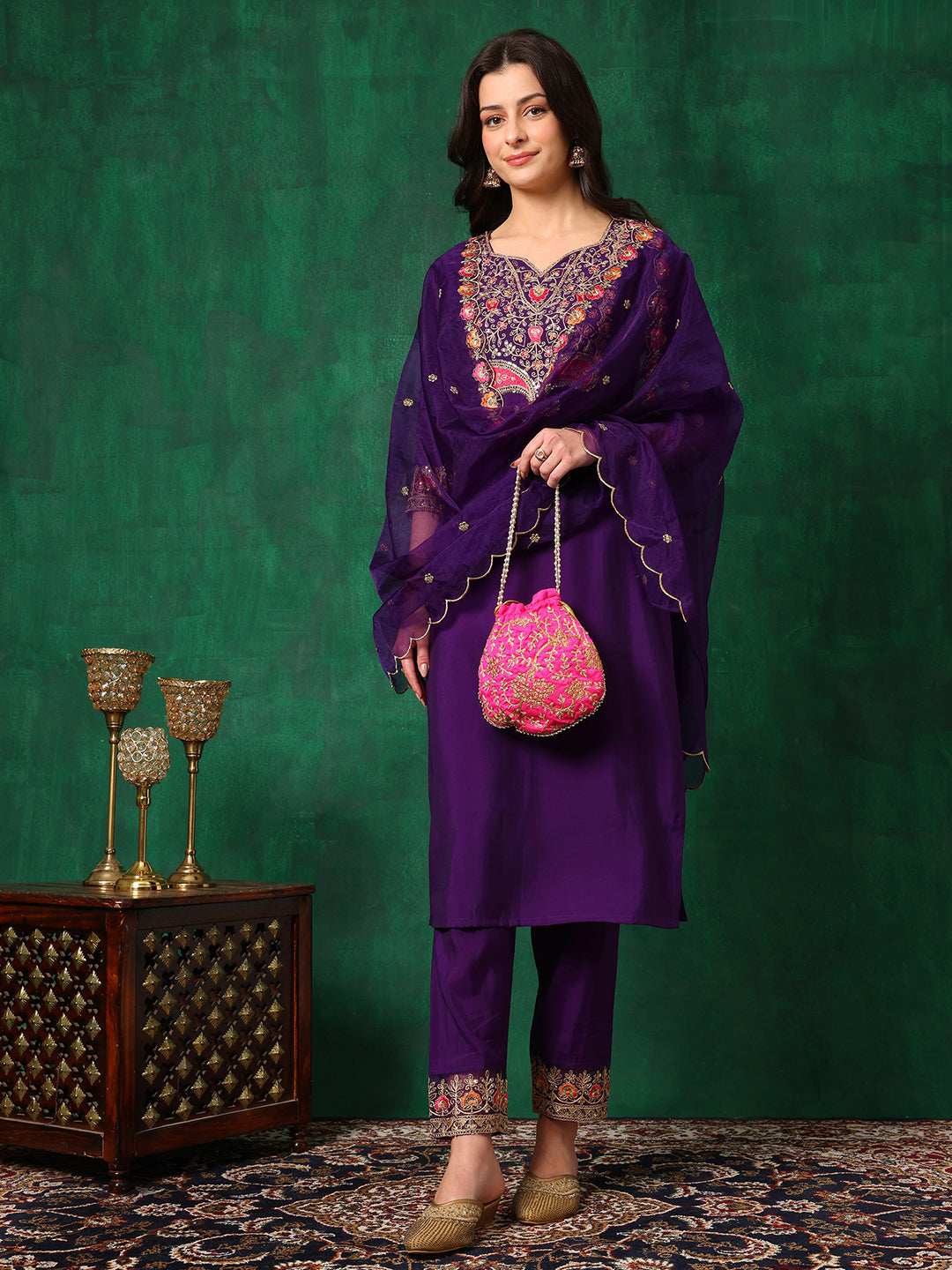 Embroidered Kurta With Pant & Embroidered Dupatta, Purple - Hiral Fashion | Grocsy
