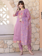 Embroidered Kurta With Pant & Embroidered Dupatta, Purple - Hiral Fashion | Grocsy