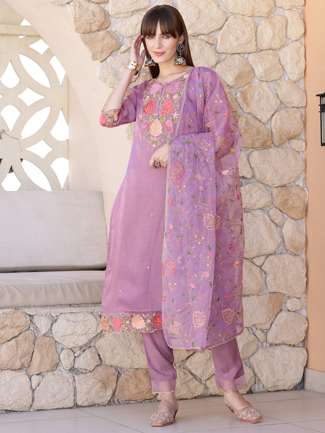 Embroidered Kurta With Pant & Embroidered Dupatta, Purple - Hiral Fashion | Grocsy