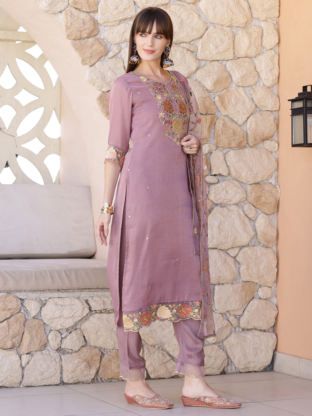 Embroidered Kurta With Pant & Embroidered Dupatta, Purple - Hiral Fashion | Grocsy