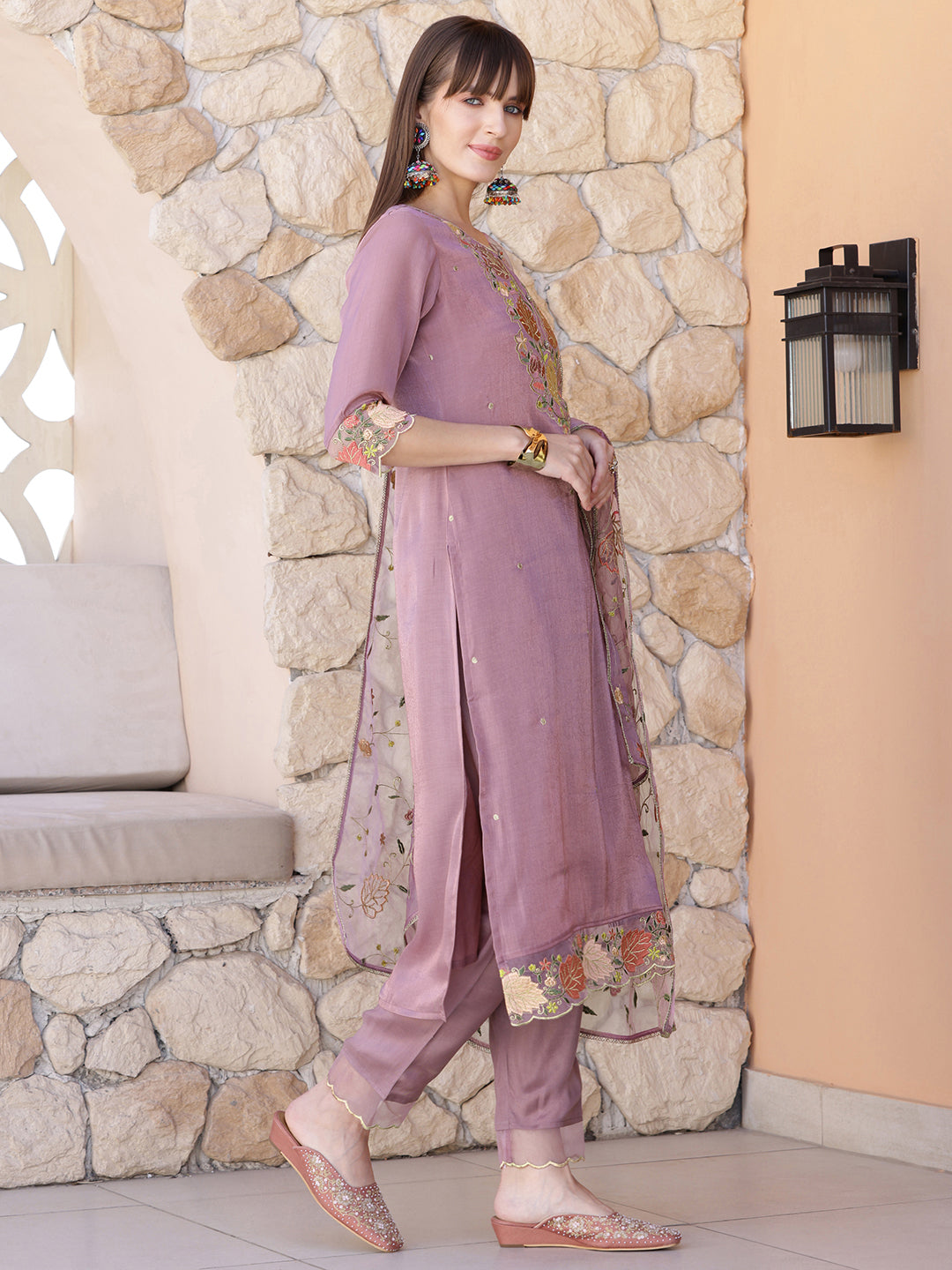 Embroidered Kurta With Pant & Embroidered Dupatta, Purple - Hiral Fashion | Grocsy