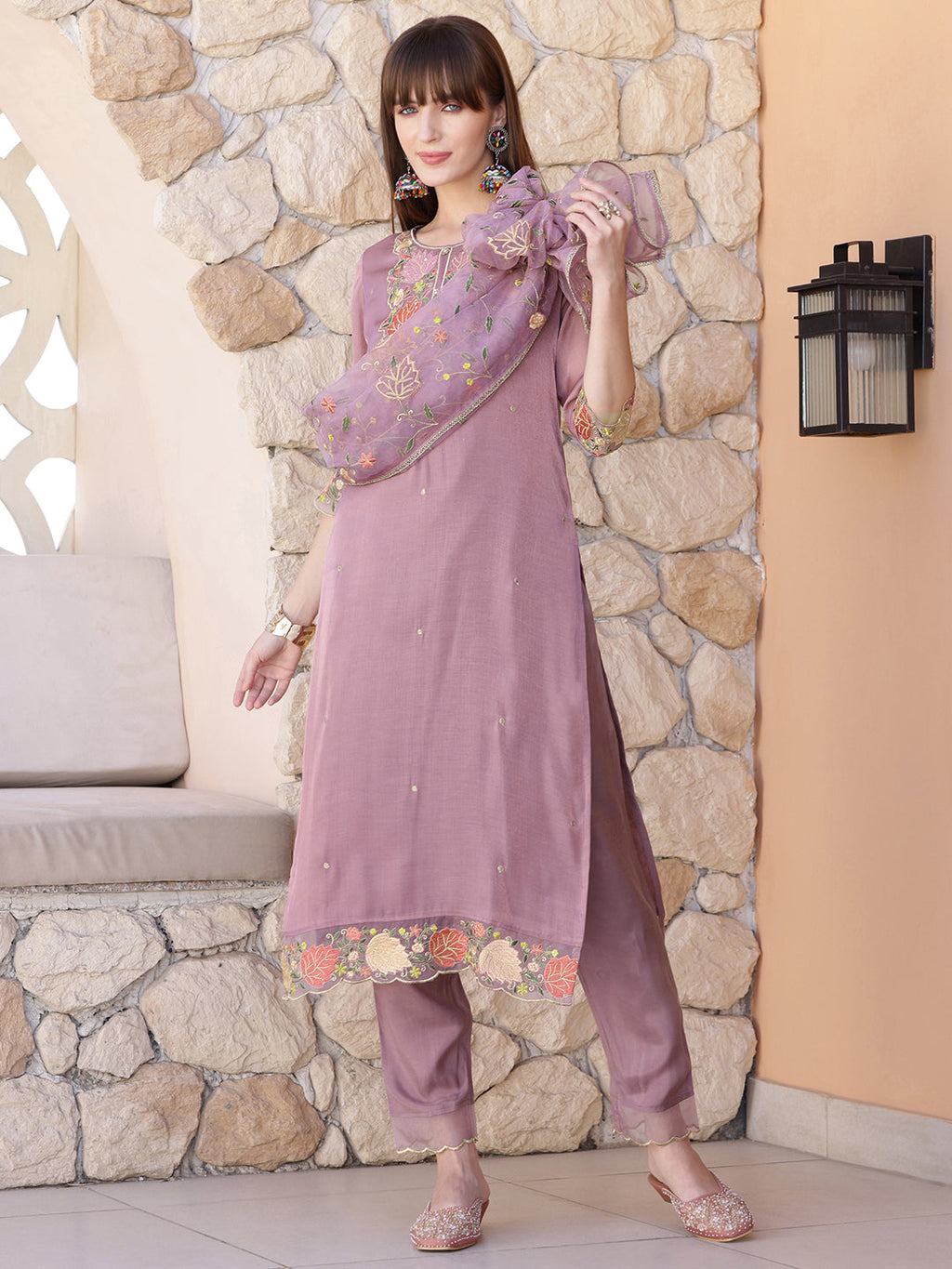 Embroidered Kurta With Pant & Embroidered Dupatta, Purple - Hiral Fashion | Grocsy