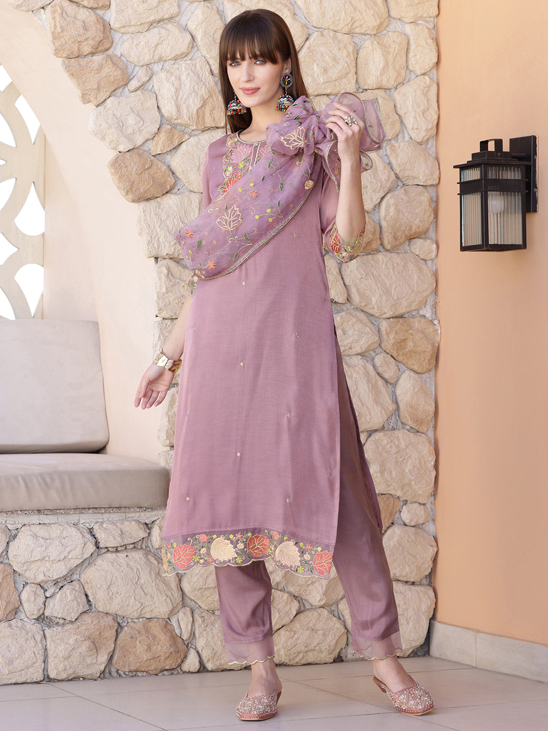Embroidered Kurta With Pant & Embroidered Dupatta, Purple - Hiral Fashion | Grocsy