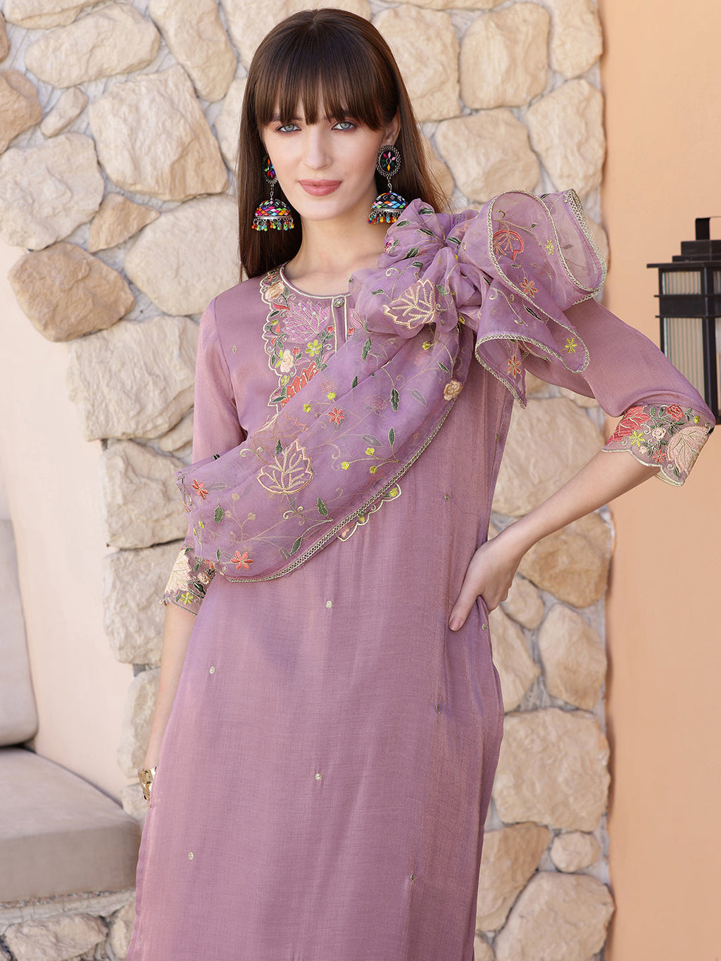 Embroidered Kurta With Pant & Embroidered Dupatta, Purple - Hiral Fashion | Grocsy