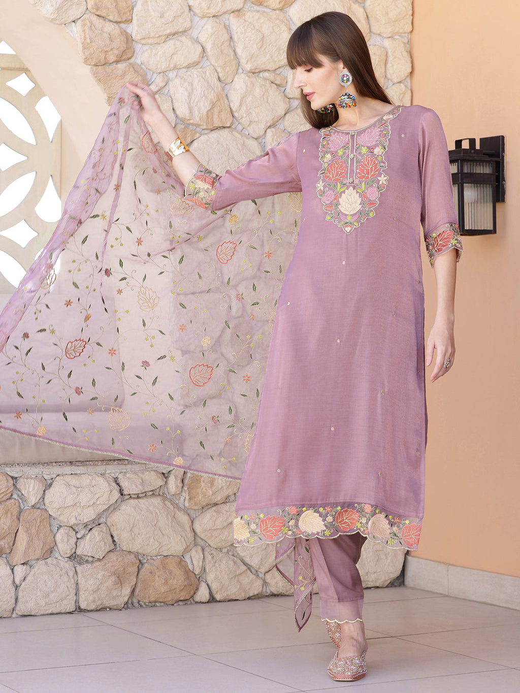 Embroidered Kurta With Pant & Embroidered Dupatta, Purple - Hiral Fashion | Grocsy