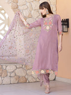 Embroidered Kurta With Pant & Embroidered Dupatta, Purple - Hiral Fashion | Grocsy