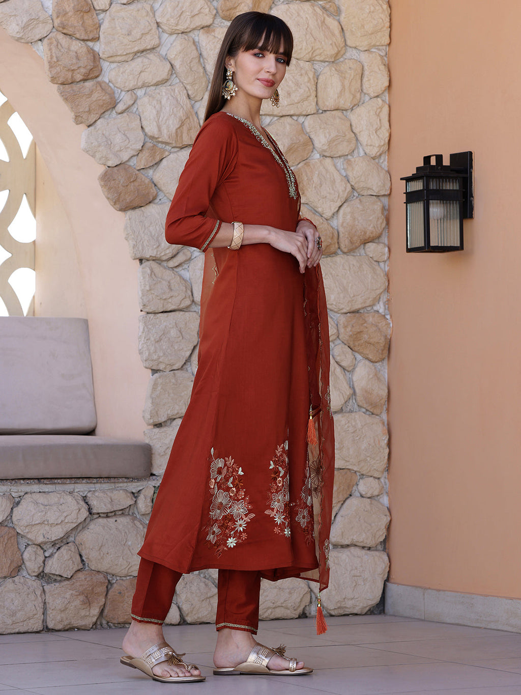 Hand Embroidered Kurta With Pant & Embroidered Dupatta, Rust - Hiral Fashion | Grocsy