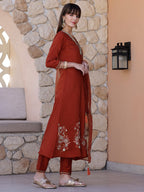 Hand Embroidered Kurta With Pant & Embroidered Dupatta, Rust - Hiral Fashion | Grocsy