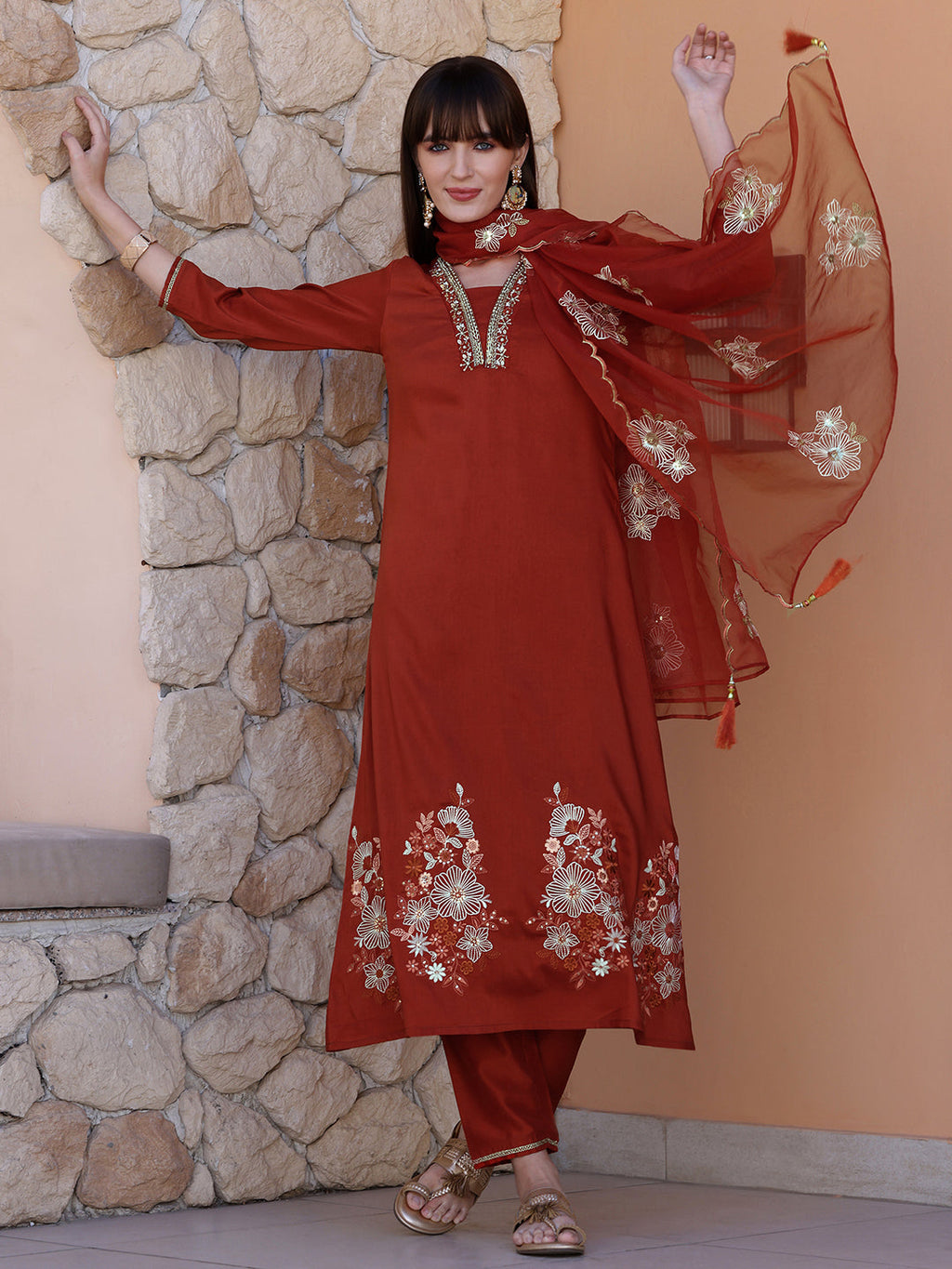 Hand Embroidered Kurta With Pant & Embroidered Dupatta, Rust - Hiral Fashion | Grocsy