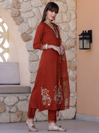 Hand Embroidered Kurta With Pant & Embroidered Dupatta, Rust - Hiral Fashion | Grocsy