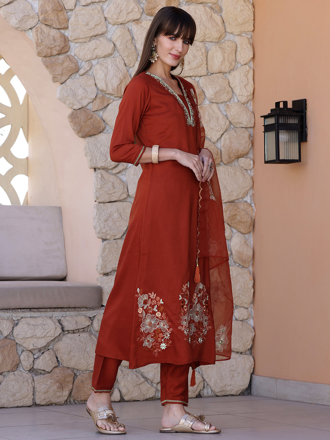 Hand Embroidered Kurta With Pant & Embroidered Dupatta, Rust - Hiral Fashion | Grocsy