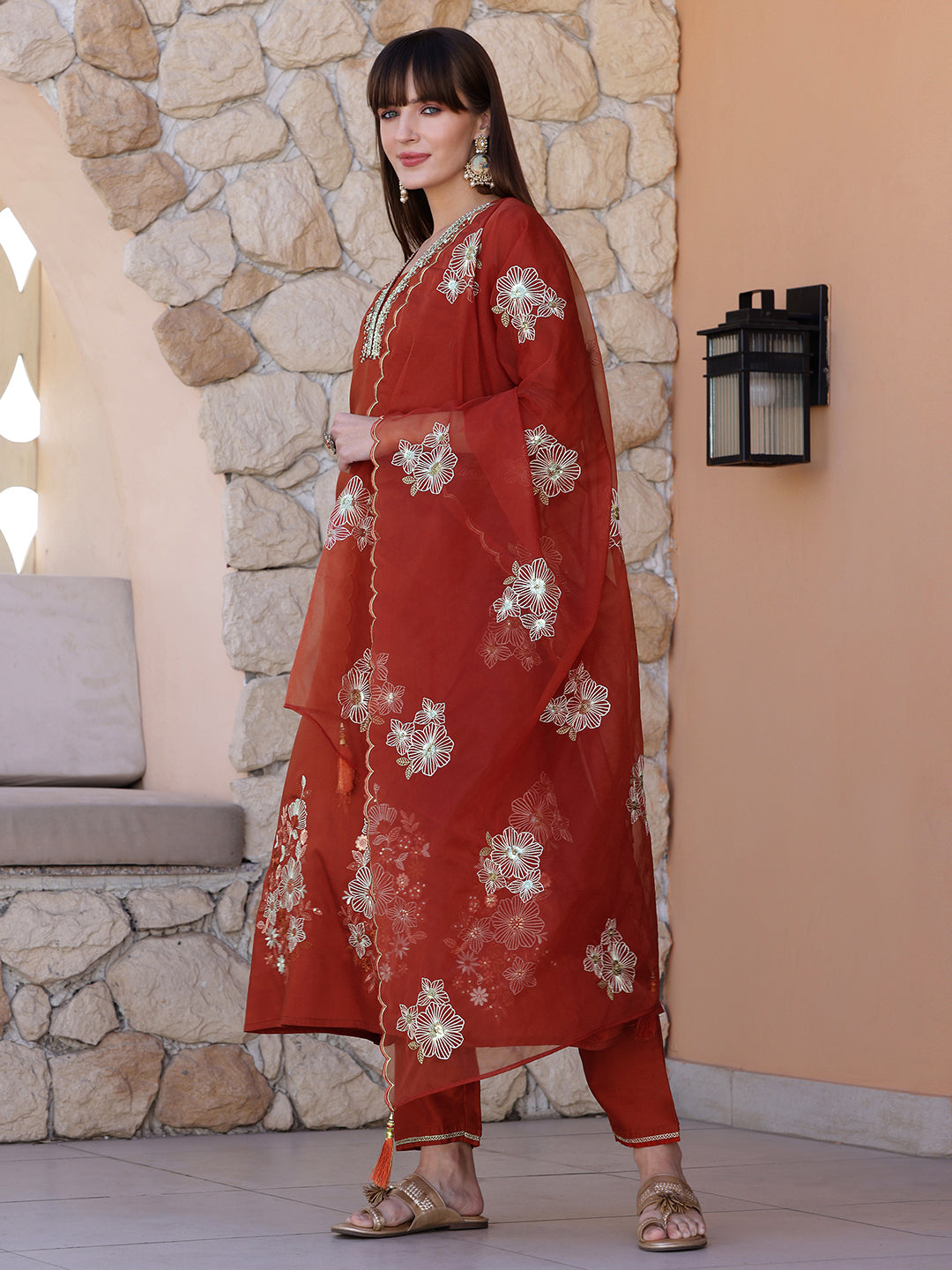 Hand Embroidered Kurta With Pant & Embroidered Dupatta, Rust - Hiral Fashion | Grocsy