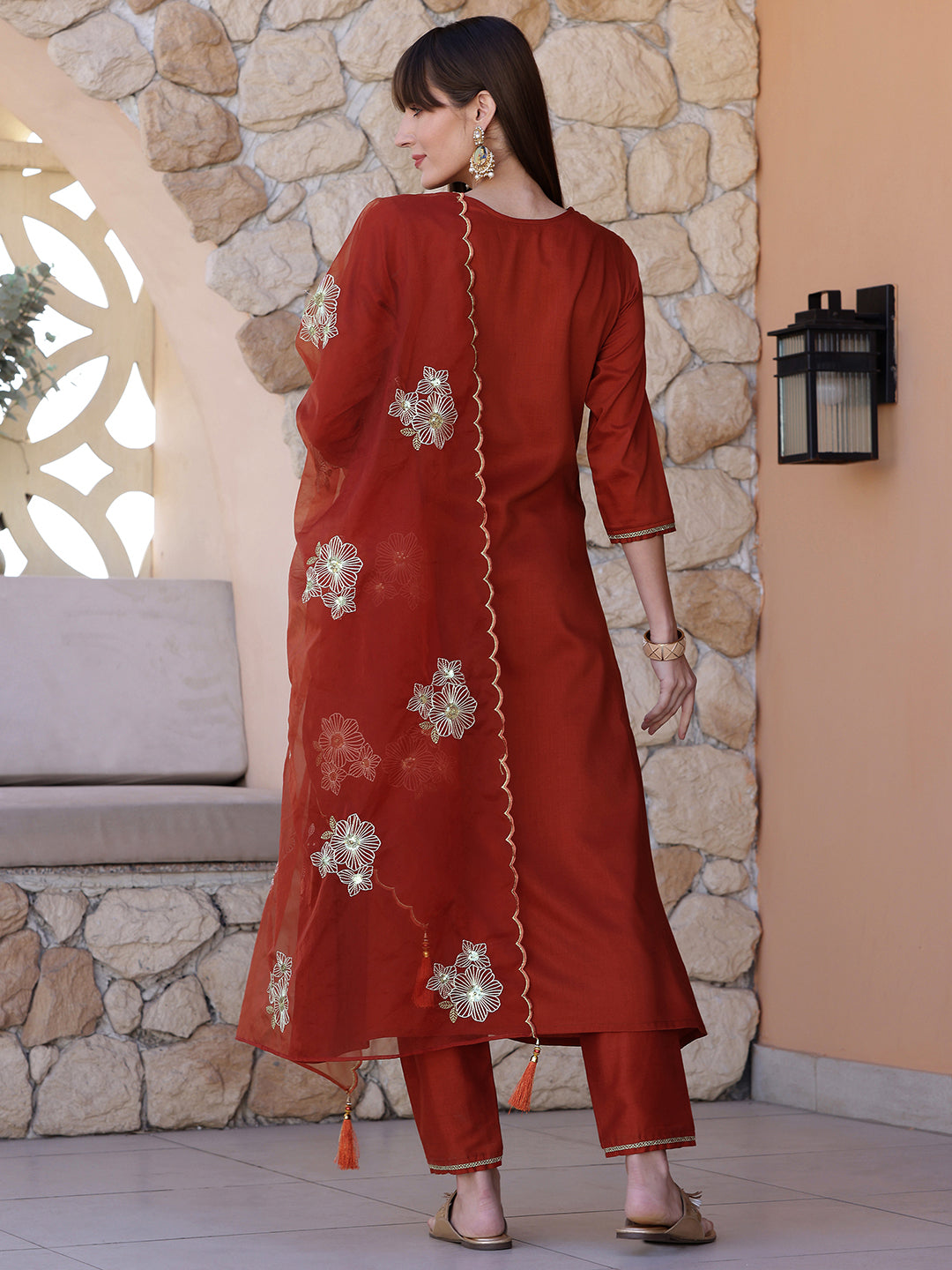 Hand Embroidered Kurta With Pant & Embroidered Dupatta, Rust - Hiral Fashion | Grocsy