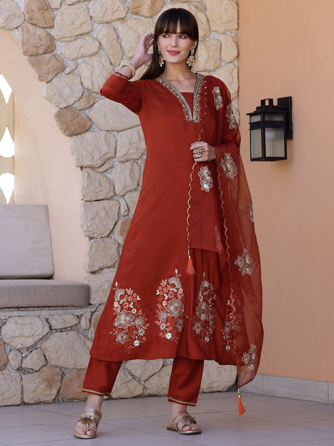 Hand Embroidered Kurta With Pant & Embroidered Dupatta, Rust - Hiral Fashion | Grocsy